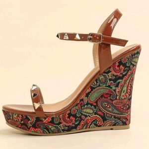 Paisley Pattern Studded Decor Ankle Strap Wedge Sandals